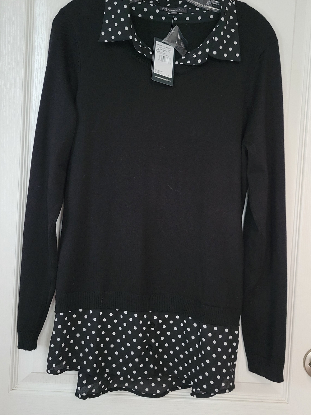Adrianna Papell Black Sweater with Black-and-White Polka Dot Trim